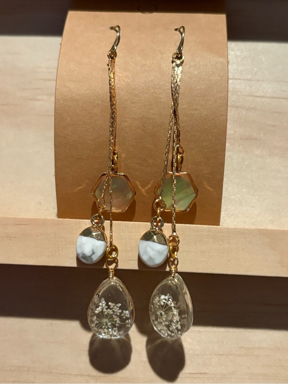 Handmade Gold Dangle Earrings with Clear Floral Drops and White Marble Accents